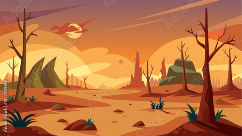 A deserted landscape dotted with dead and dying plants mirroring the bleak future of a world facing the consequences of uncontrolled greenhouse gas emissions.. Vector illustration
