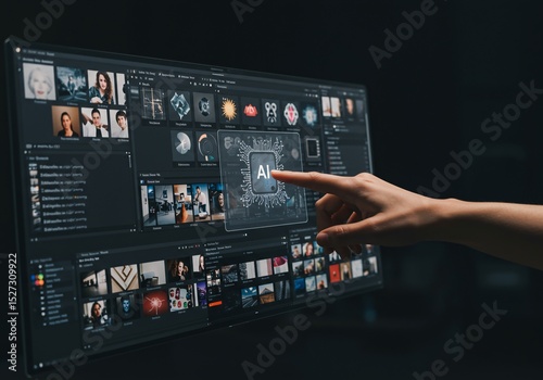 Finger taps AI interface for photo editing.