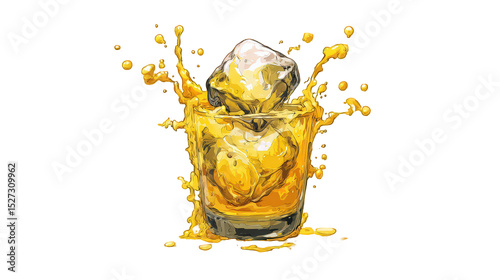 Whiskey with ice splashing out isolated on transparent background