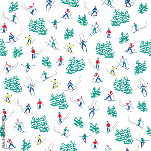 Christmas Pattern Skiing People Snow Scenery Pattern