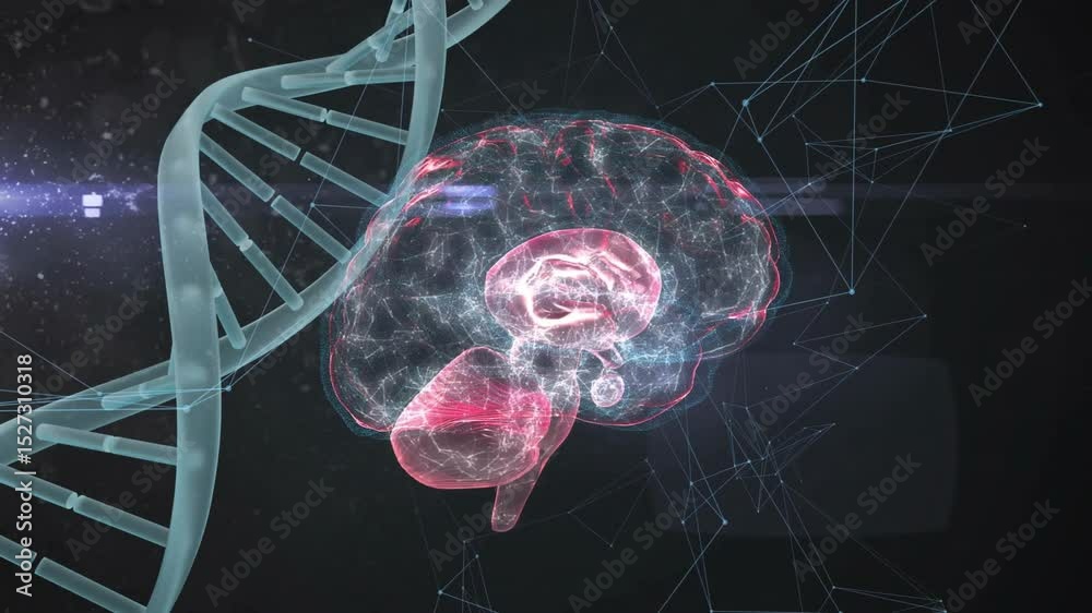 Scene opening initiating DNA rising and digital brain rotating with pulsating mesh in technology