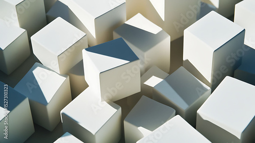 A collection of white cubes in a tight formation, with one cube slightly elevated, casting an interesting shadow on the surrounding cubes, creating a dynamic and modern visual,