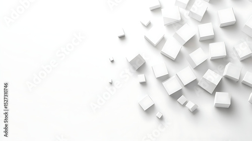 A minimalist composition with randomly scattered white cubes on a smooth white background, with varying light reflections highlighting the geometric simplicity of the shapes,
