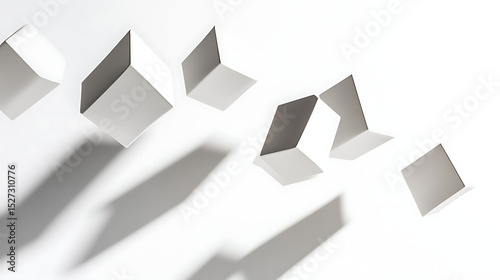 A modern and abstract layout of floating white cubes, each one tilted slightly to the side, casting elongated shadows and creating a sense of movement across the white background,
