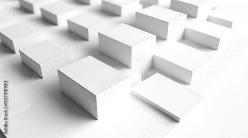 A series of perfectly aligned white cubes with subtle shadows casting on a pristine white background, creating a minimalist and modern aesthetic,