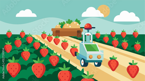 A robotic harvester traveled along a row of strawberry plants selectively picking ripe fruit and leaving unripe ones to grow. This precise harvesting technique ensures efficient. Vector illustration