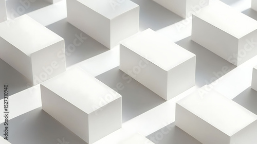 A series of perfectly aligned white cubes with subtle shadows casting on a pristine white background, creating a minimalist and modern aesthetic,