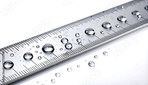 A metal ruler is covered in water droplets on a white background, showing precision and detail.
