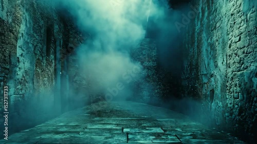 Mystical, fog-shrouded alleyway with ancient stone walls and a cobblestone path
