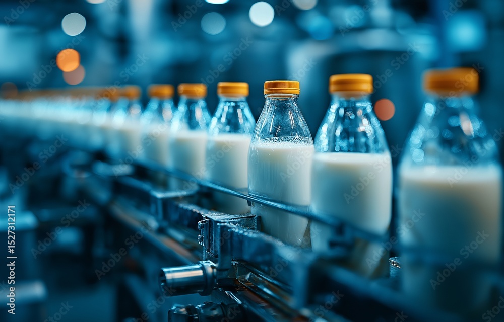 Fototapeta premium Automatic milk bottle made of plastic, production line demonstrating assembly