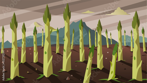 Acres of decaying asparagus spears their tips turning a sickly grey as they succumb to the lack of transportation.. Vector illustration