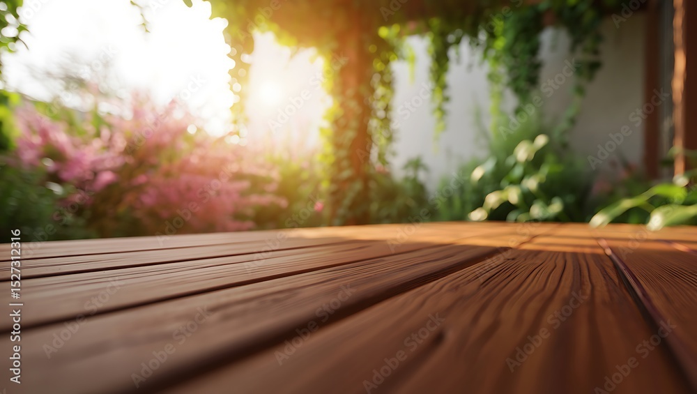 Fototapeta premium Warm sunlight bathes a rich brown wooden table, nestled in a vibrant garden