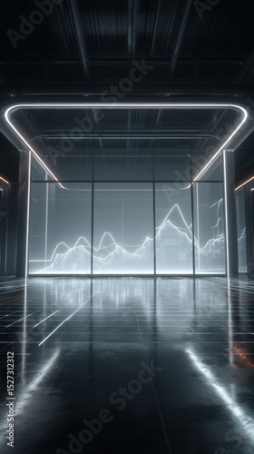 A futuristic room with a glowing graph on the wall and a reflective floor with grid lines present
