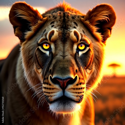 Close-up of a lion’s intense golden eyes reflecting the savannah at sunset, ultra-detailed, 8K.
