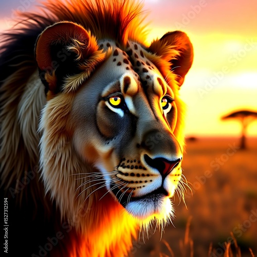 Close-up of a lion’s intense golden eyes reflecting the savannah at sunset, ultra-detailed, 8K.