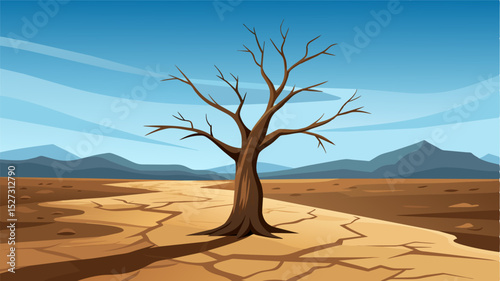 A lone withered tree stands in the middle of the dry riverbed its parched branches reaching desperately towards the cloudless sky.. Vector illustration