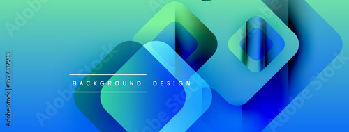 Abstract geometric shapes overlap, creating vibrant blue, green gradients. Modern design elements suggest technology, innovation.