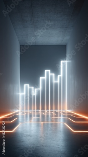 Glowing bar graph in a gray room with neon lines on the floor and walls creating a modern abstract design