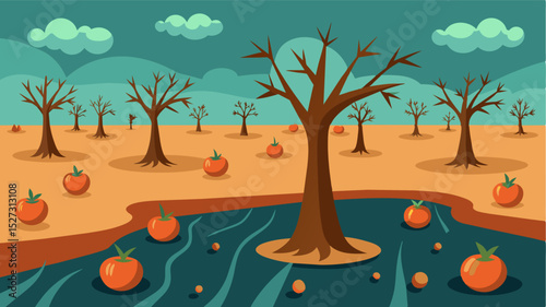 A thin layer of water covers the once flourishing orchard leaving behind a haunting sight of drowned fruit trees and upturned roots.. Vector illustration