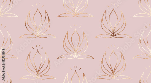 Art deco floral seamless pattern with gold lotus tiles.