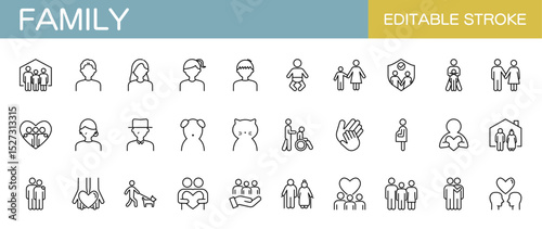 Family line icons set – Includes parents, children, pregnant, elderly and love. Editable stroke. Vector illustration.