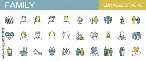 Family line icons set – Includes parents, children, pregnant, elderly and love. Editable stroke. Colored vector illustration.