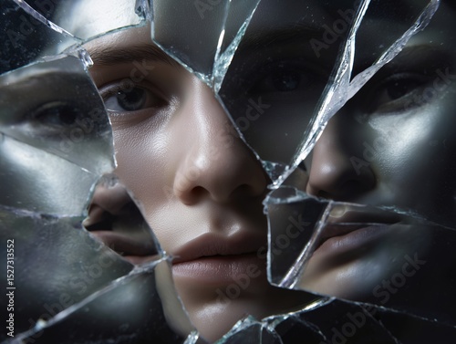 Broken mirror reflects multiple faces, deep gaze.