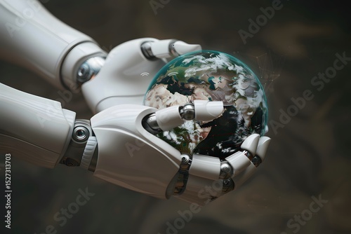 robotic hands gently holding the planet Earth with holographic overlays, symbolizing AI and sustainability, soft ambient lighting
