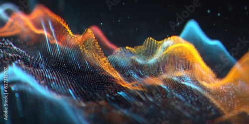 Abstract wavy landscape formed by colorful dots with blue orange and red hues on a dark background