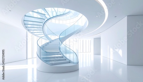 Modern building interior featuring a bright, white spiral staircase with glass railing and sunlit windows.