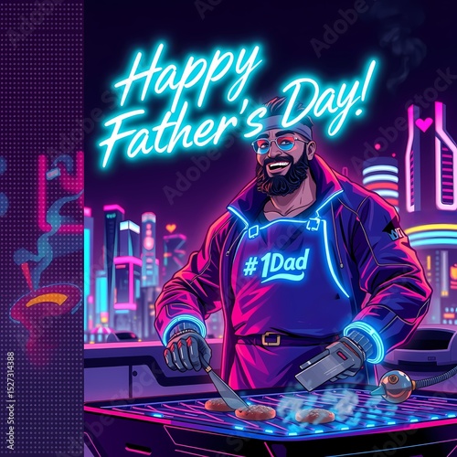 Happy Father's Day illustration of a dad grilling in neon city  