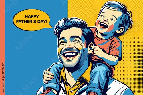Happy Father's Day celebration with father and son smiling together, with copy space