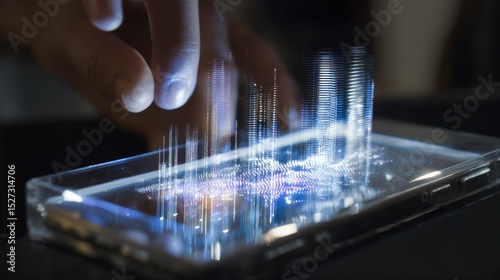 A finger touching a smartphone displaying a holographic cityscape projection with futuristic technology