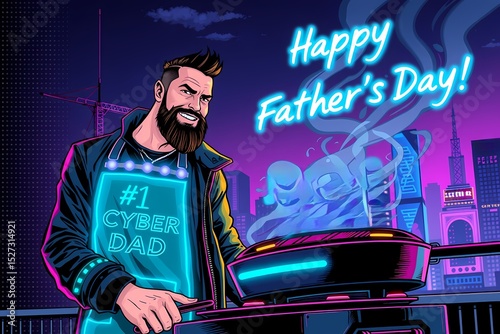 Man grilling outdoors in cyberpunk style with 