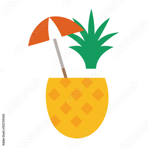 Fresh organic orange and pineapple juice illustration with a leaf and summer cocktail umbrella