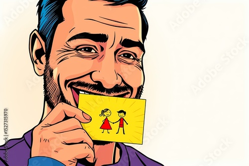 Man smiling while holding a drawing card for Father's Day, with copy space