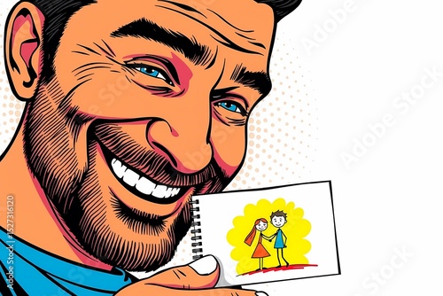 Happy father showing drawing of children for Father's Day celebration, with copy space
