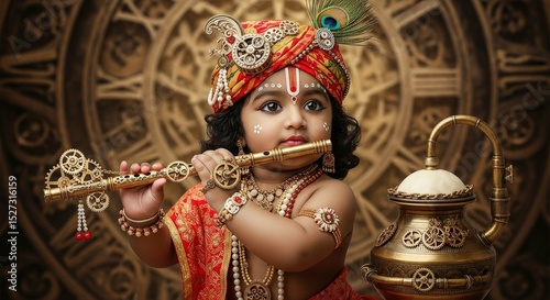 Baby krishna playing flute hindu god indian culture tradition divine child deity