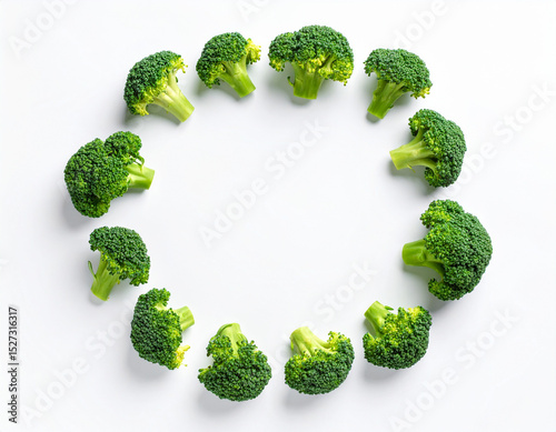 AI generated vibrant image of crisp broccoli florets arranged in circular formation, showcasing their fresh-picked quality and deep green color against clean white background