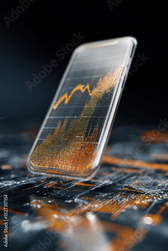 Close up of a smartphone displaying an upward trending graph with a dark background and circuit board