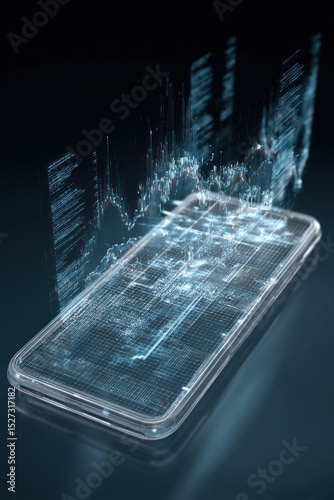A futuristic smartphone displaying data visualizations and holographic projections on a dark background