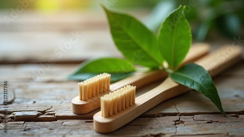 Close up of two wooden toothbrushes with green leaves on a rustic table top