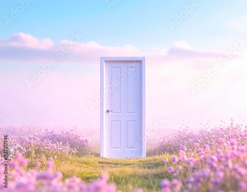 A pastel door standing alone in a field of soft fog
