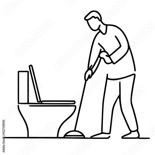 Man cleaning toilet with plunger in simple line outline style, Concept of single line outline vector  