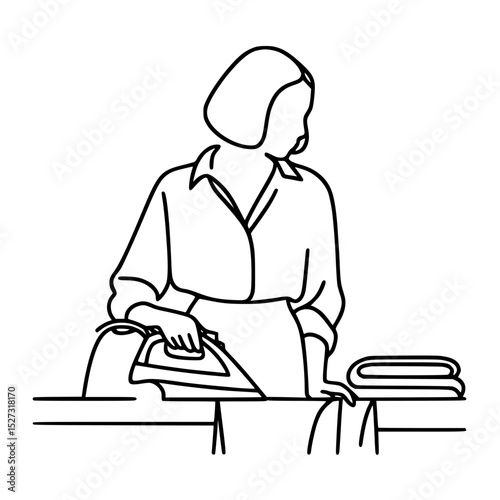 Woman ironing clothes at home in minimal single line outline vector  