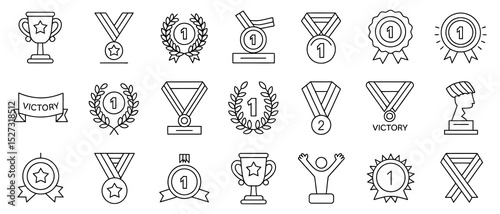 Achievement & Award Icons – Thin Line Crown, Podium & Laurel Symbols

