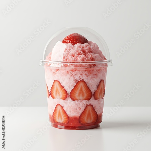 strawberry milk bingsu cup in clear dome top, side perspective , isolated on white background