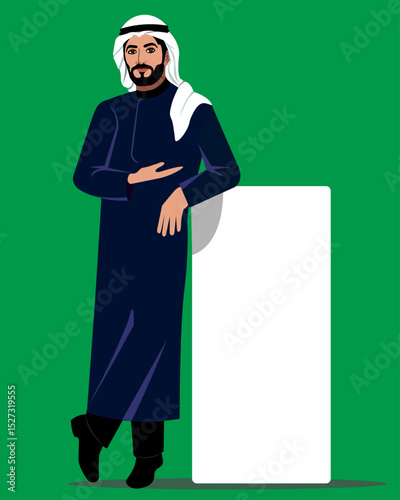 Arab man in a headdress leans on a banner