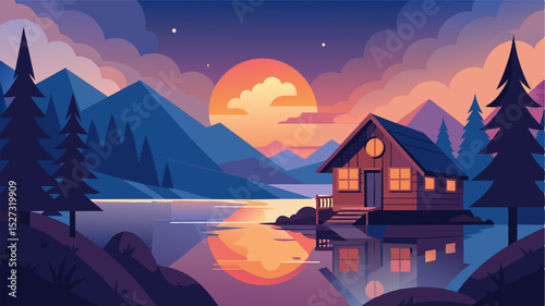 As the sun sets over the lake the cabin transforms into a cozy retreat with the option of continuing remote work by moonlight or simply relaxing and taking in the peaceful. Vector illustration