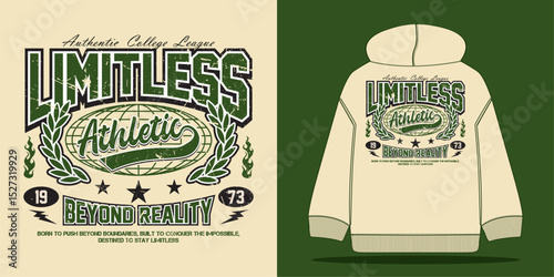 Vintage varsity college typography with Limitless athletic slogan, grunge texture text print. Ideal for graphic tees, t-shirts, sweatshirts, hoodies, stickers, or posters. – Vector illustration